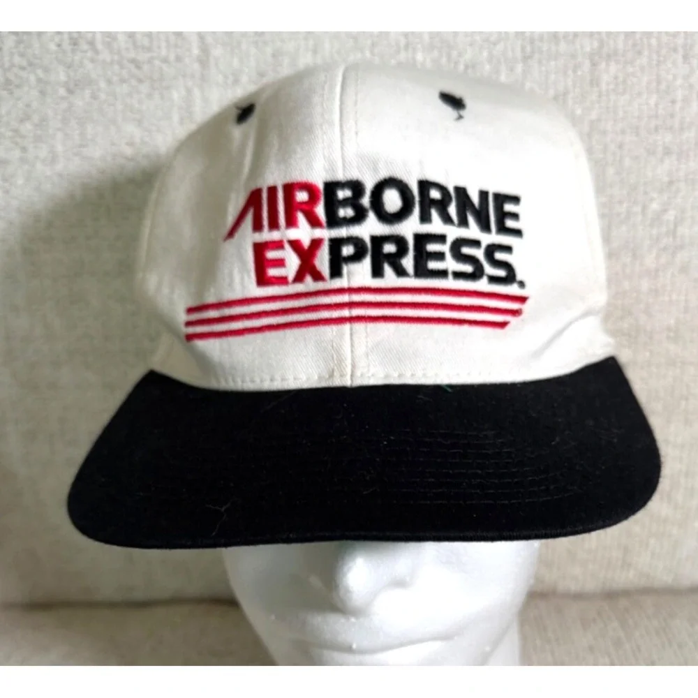 Vintage 1980s‎ AIRBORNE EXPRESS Adjustable Trucker Hat White Cotton Black Bill